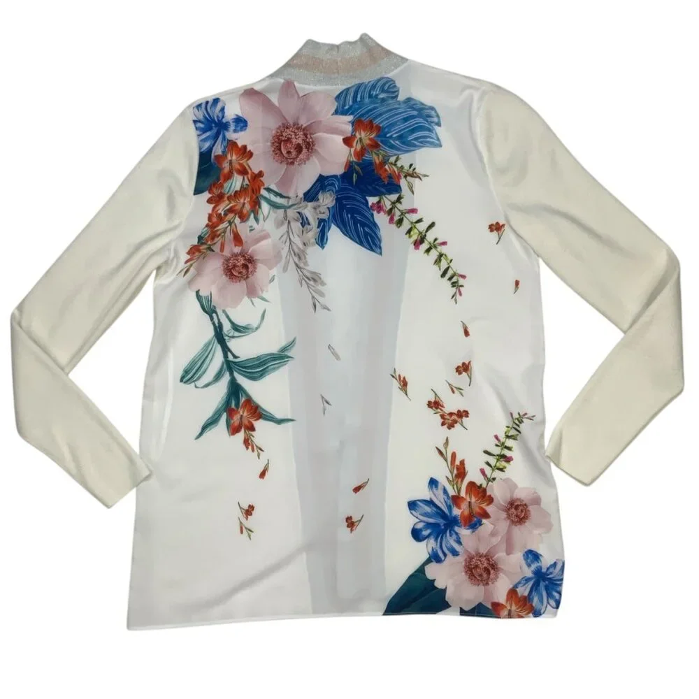 Ted Baker Cream Floral-Back Cardigan with Pastel Stripe Trim, Size 1
